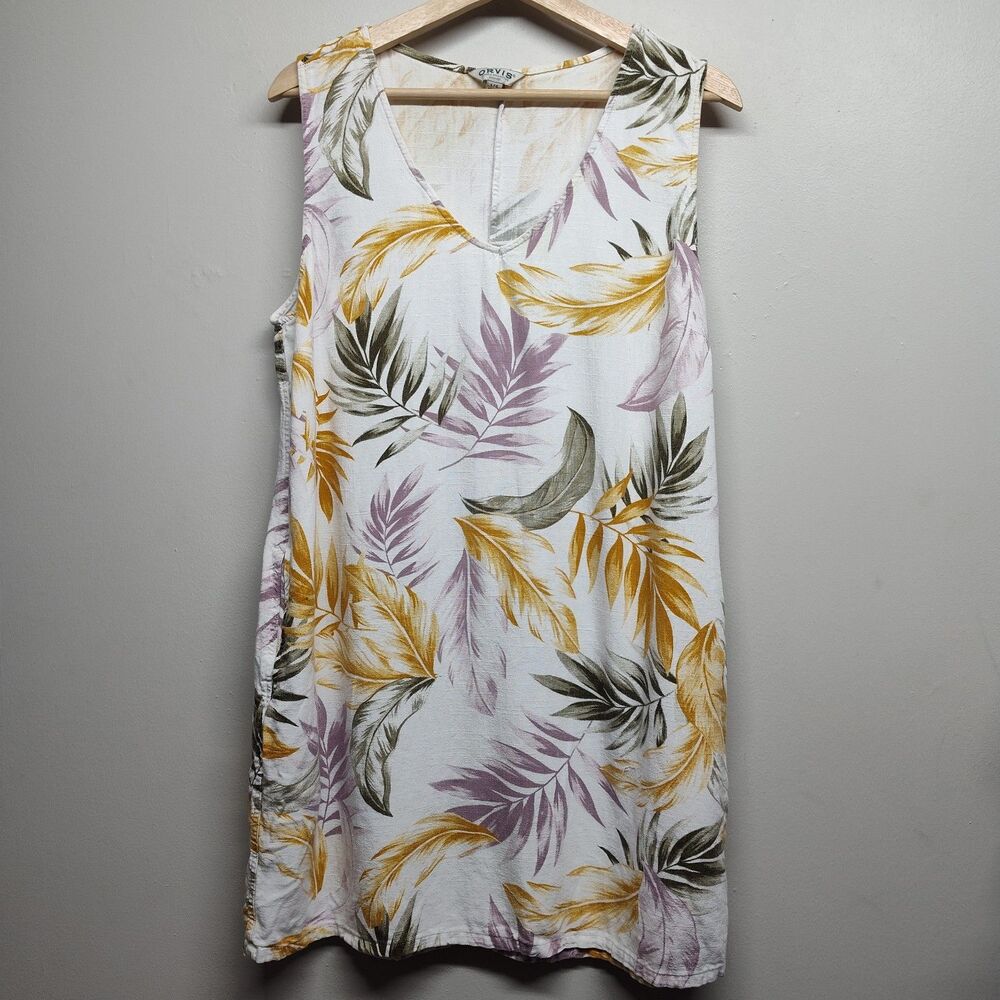 Orvis Linen Mini Dress Women S White Floral Sleeveless Beachy Tropical Resort